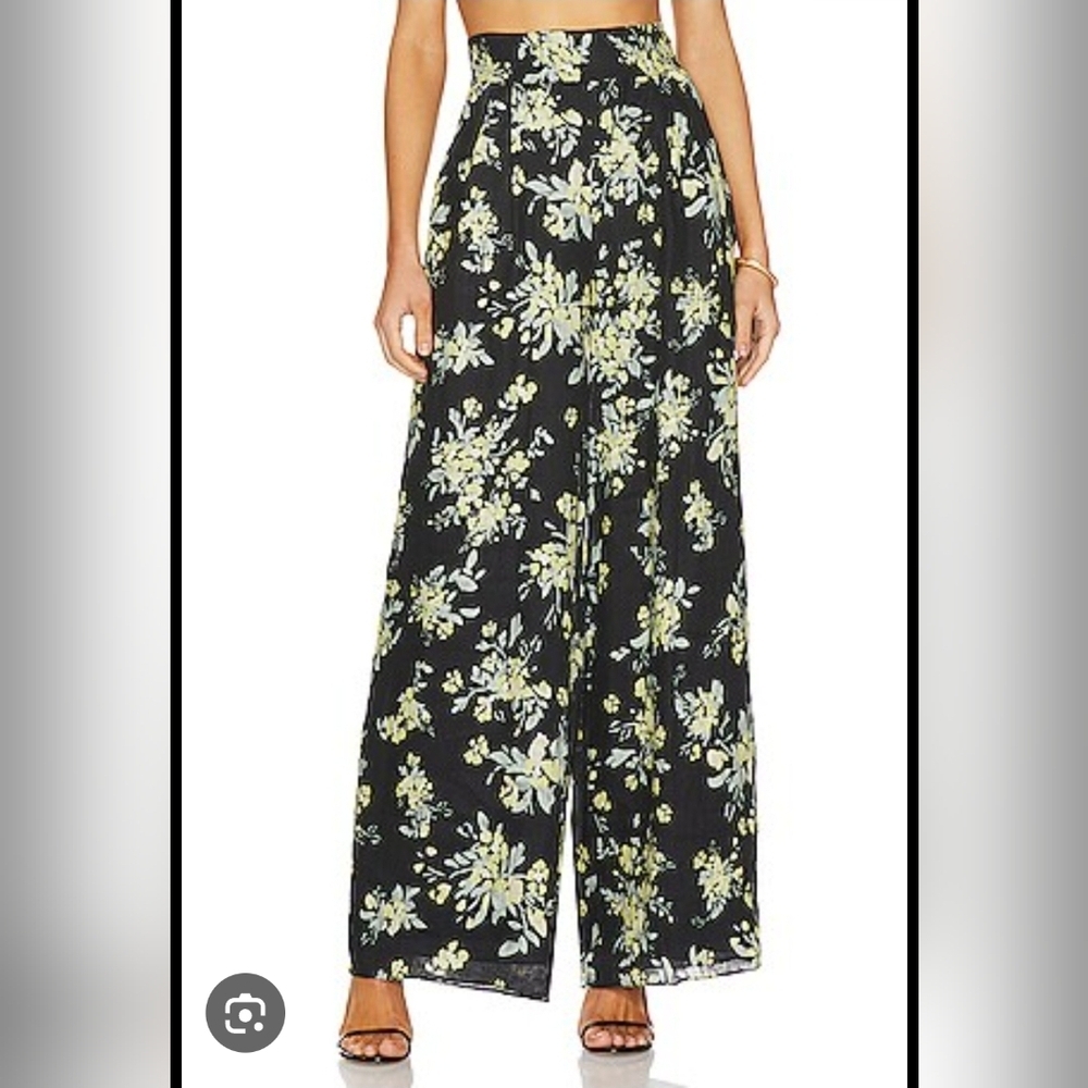 Revolve Shona Joy Goldie Tuxedo Trouser in Black Floral 100% Linen Wide Leg